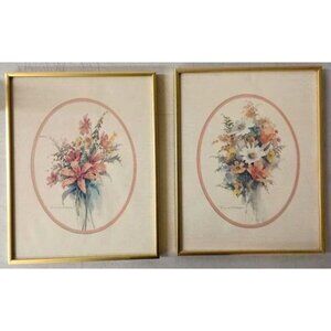 Set of Vintage Floral Prints in Gold Metal Frames – Wall Décor Home Wall Decor